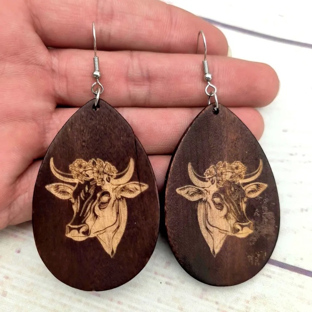 New Cow head wood earrings